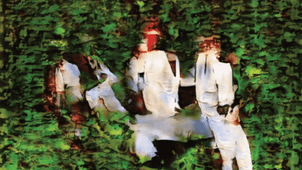 AI generated image of 4 people with white suites in the forest — Artwork by ilithya