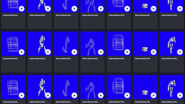 Generative collection of Robot Glitches with each piece having a blue background — Artwork by ilithya