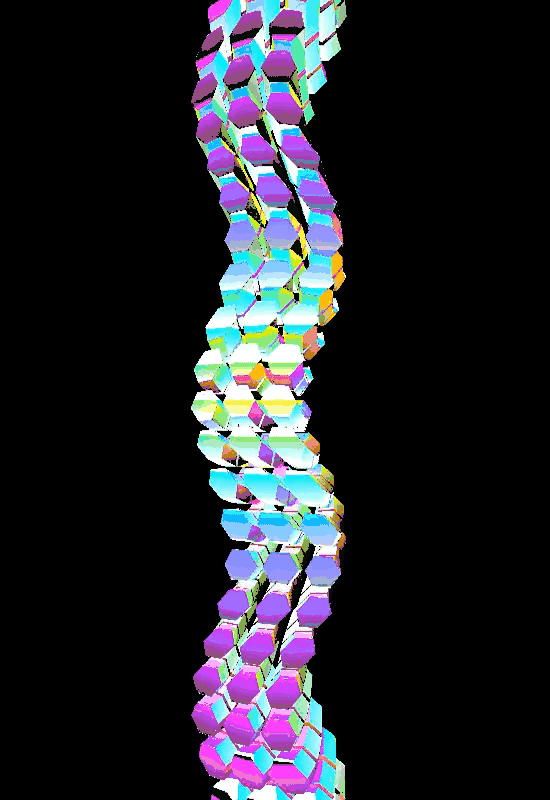 Animation of 3D hexagons shaping a tall abstract sculture by ilithya