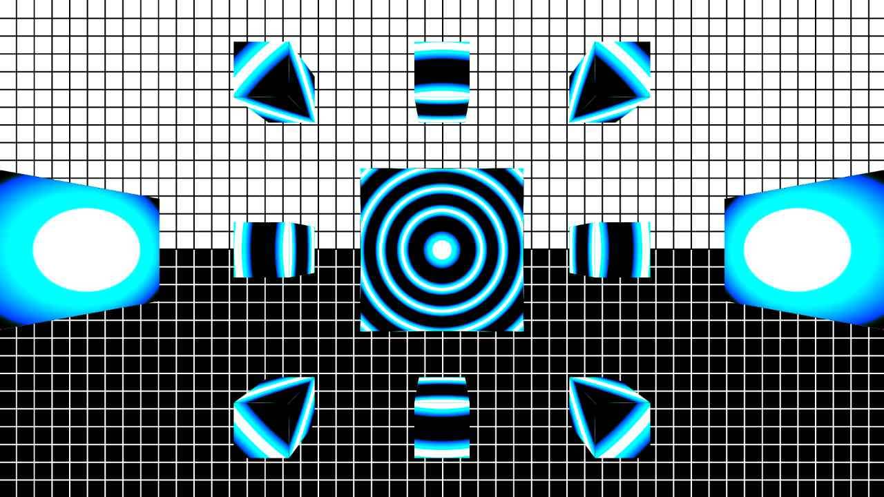 3d cubes displaying generative blue and white light patterns floating over a black and white grid — Visual artwork by ilithya