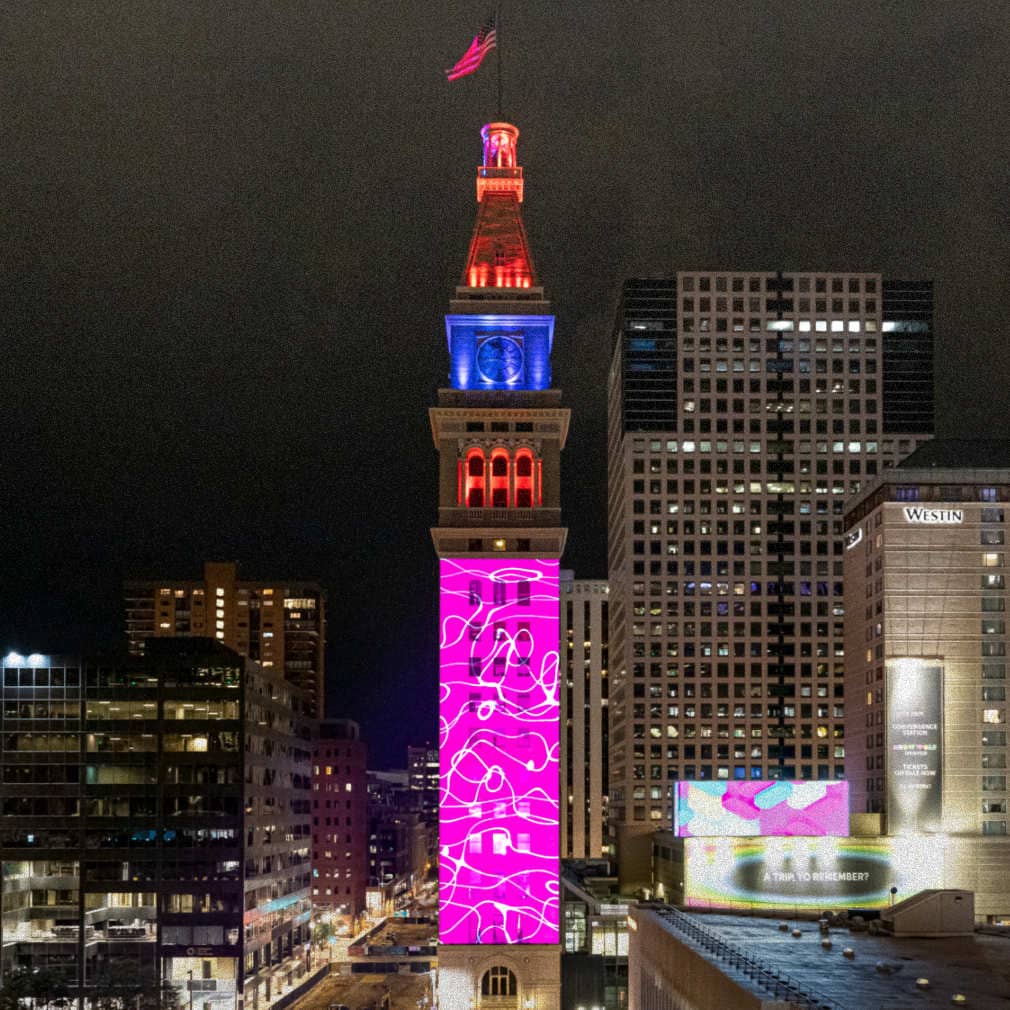 Evening Night Lights Denver Projection at Daniels & Fishers Tower